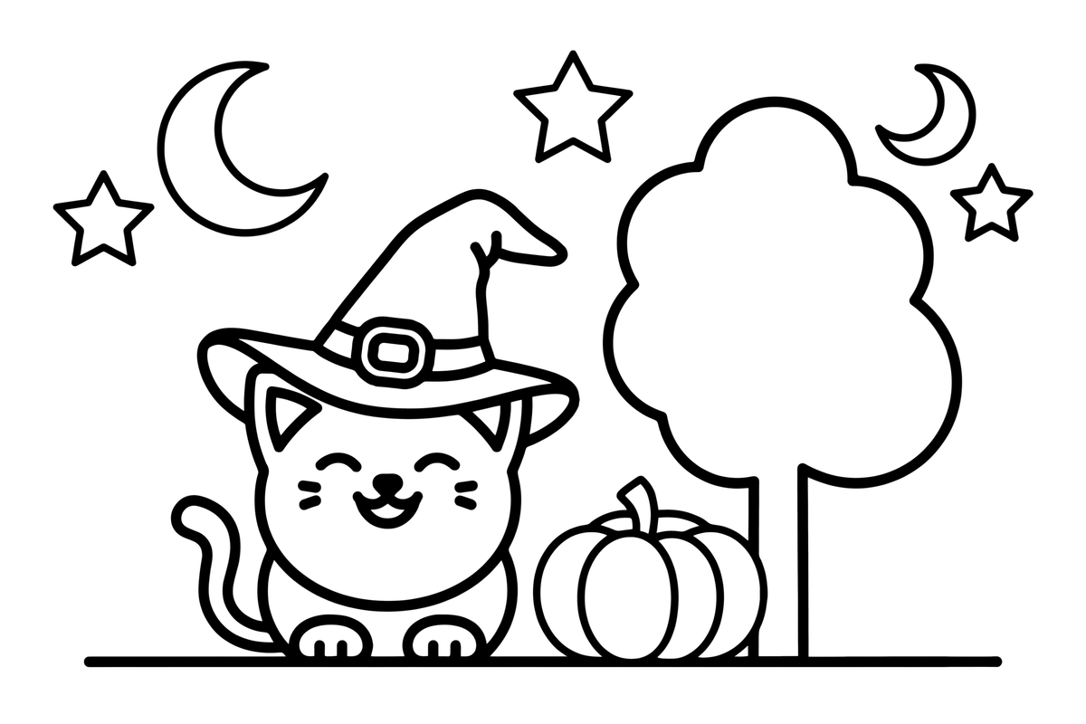 Halloween a cat with a witch hat – Halloween Autumn Night coloring page