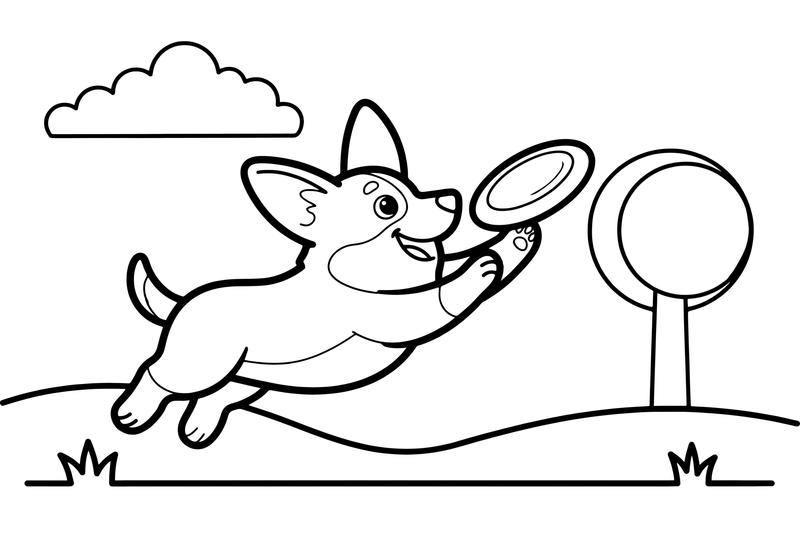 Corgi catching a frisbee – Corgi Dog Playtime coloring page