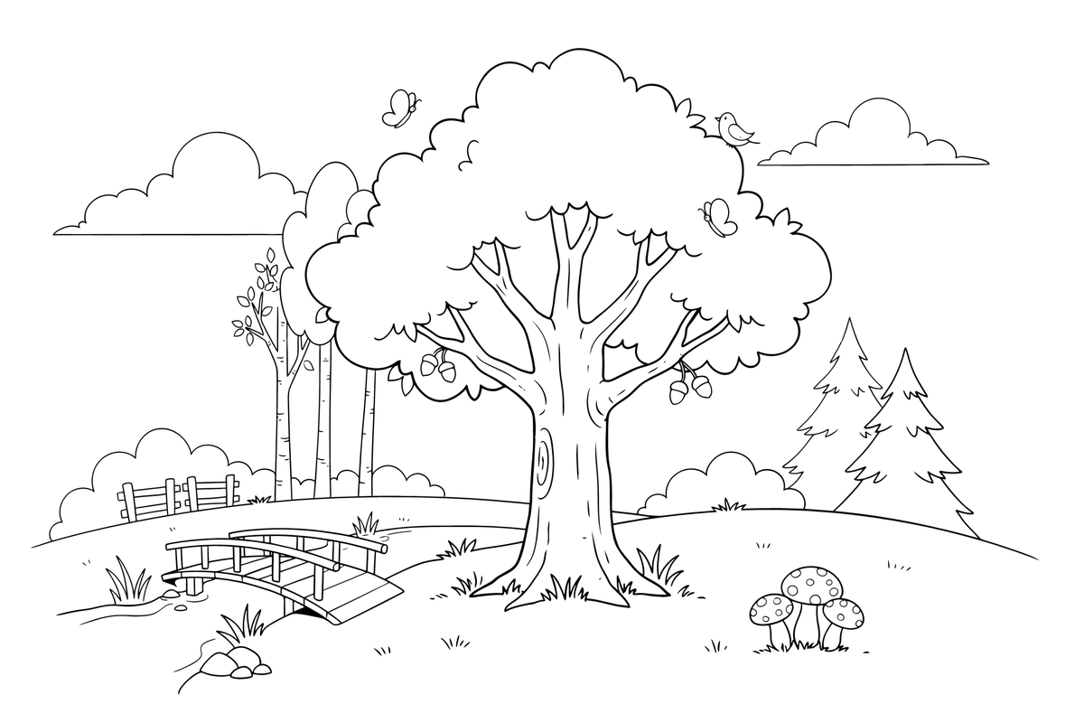 A big strong oak tree with a wide crown – Lithuanian Nature Plants coloring page