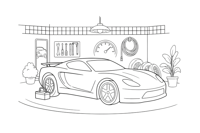 A sleek low sports car with a smooth body, parked – Sports Cars coloring page
