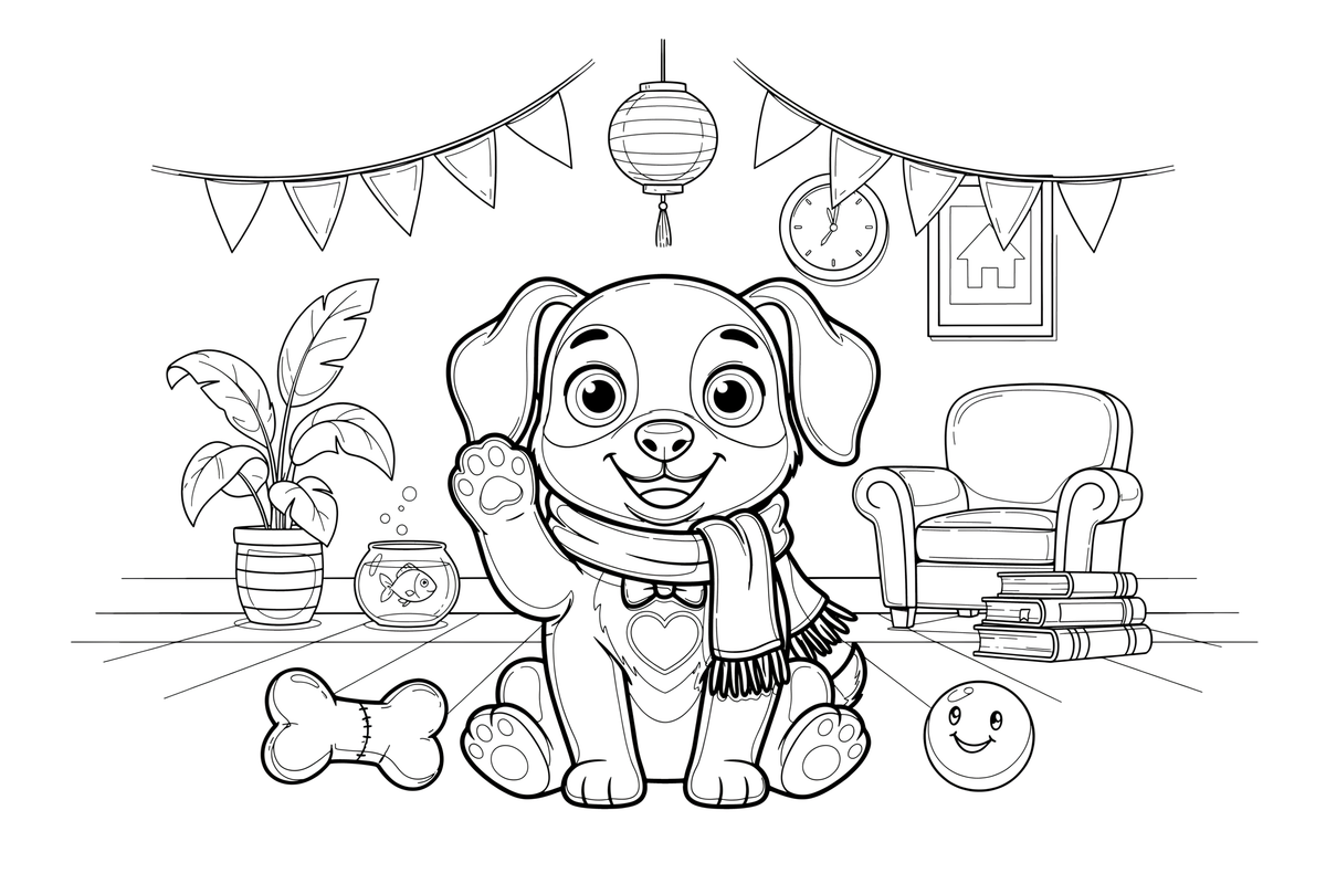 Puppy sitting and giving a paw – Cozy Puppy Dog coloring page