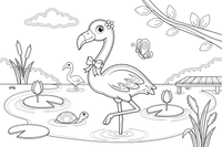 A flamingo curving its long neck into an S shape – Flamingo Pond coloring page