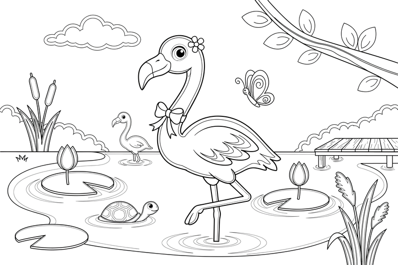 A flamingo curving its long neck into an S shape – Flamingo Pond coloring page