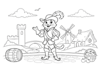 A clever cat standing on two legs wearing tall boots and a feathered hat – Puss in Boots Story coloring page