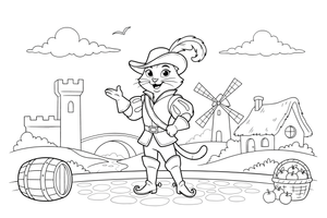A clever cat standing on two legs wearing tall boots and a feathered hat – Puss in Boots Story coloring page