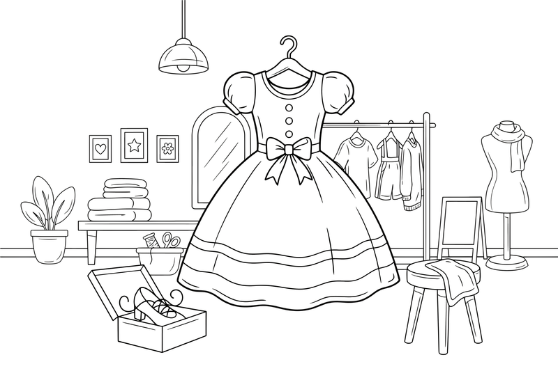 One big pretty dress on a hanger, close up, filling the page – Clothes & Fashion coloring page