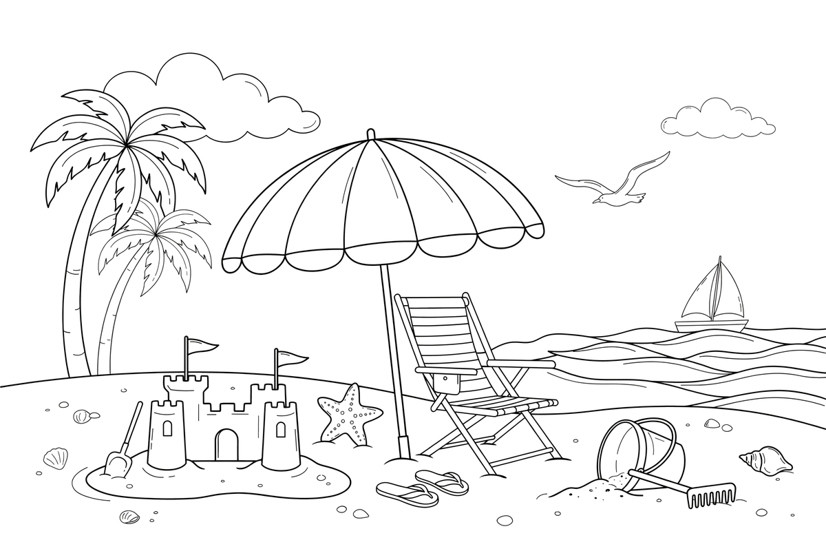 A beach umbrella and a folding chair on the sand by the sea – Sunny Beach & Seaside coloring page