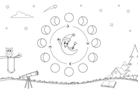 The eight phases of the moon arranged in a circle: eight round moons showing new moon, crescent, half, gibbous and full moon, each moon lit differently, with a dashed circle and an arrow in the middle showing the cycle – The Moon coloring page