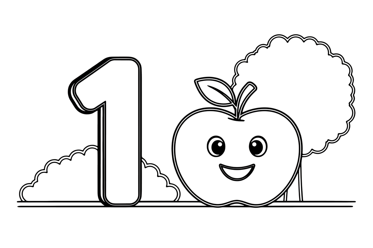 Number 1 with one apple – Number 3 Learning coloring page