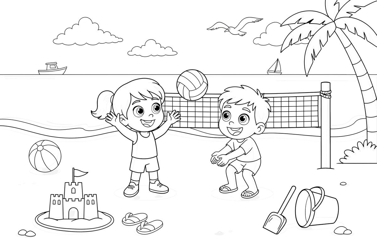 Two person playing beach volleyball in the sand – All Sports coloring page
