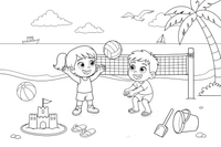 Two person playing beach volleyball in the sand – All Sports coloring page