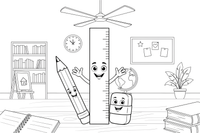 A ruler, a pencil and an eraser together – Classic School & Art Supplies coloring page