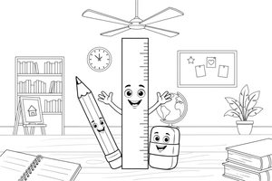 A ruler, a pencil and an eraser together – Classic School & Art Supplies coloring page