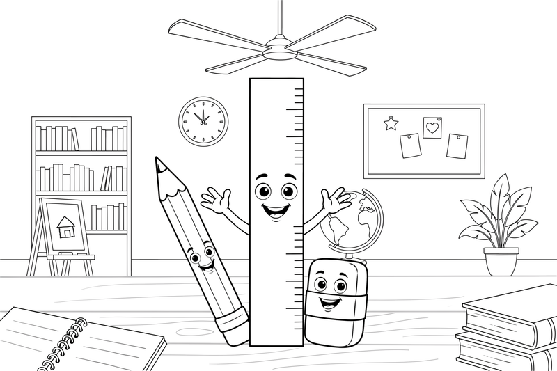 A ruler, a pencil and an eraser together – Classic School & Art Supplies coloring page