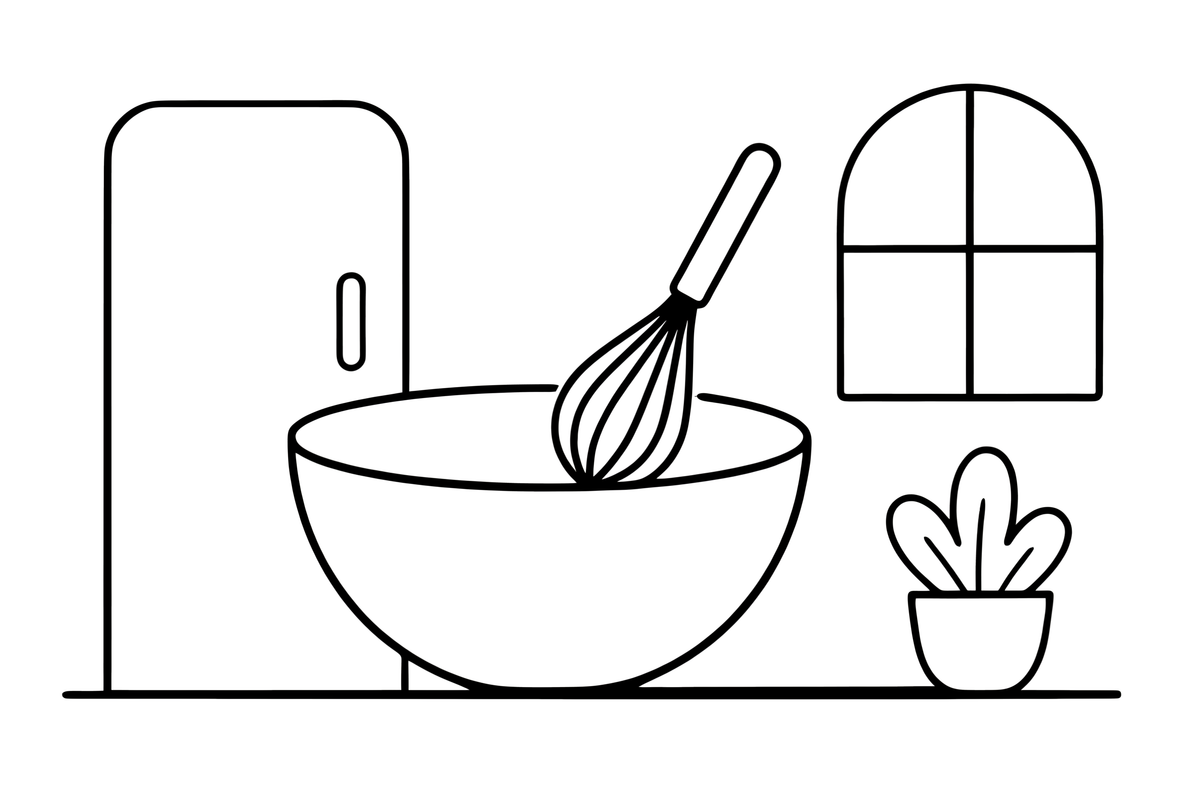A whisk in a mixing bowl – Cozy Kitchen Cooking coloring page