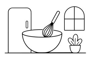 A whisk in a mixing bowl – Cozy Kitchen Cooking coloring page