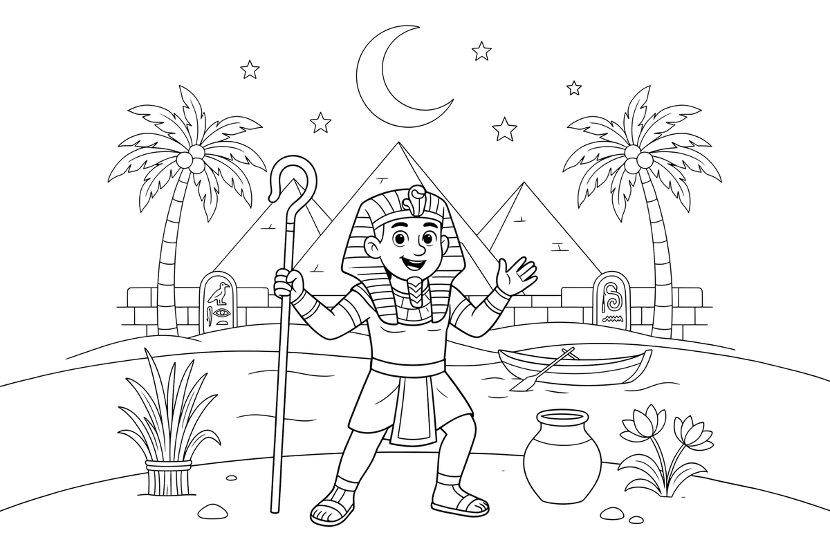 An Egyptian pharaoh with a striped headdress and a crook – Historic People Around the World coloring page
