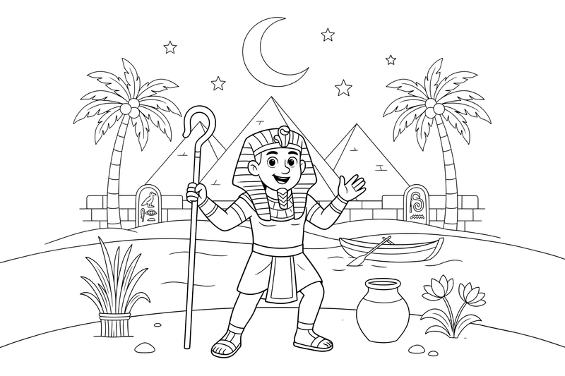An Egyptian pharaoh with a striped headdress and a crook – Historic People Around the World coloring page