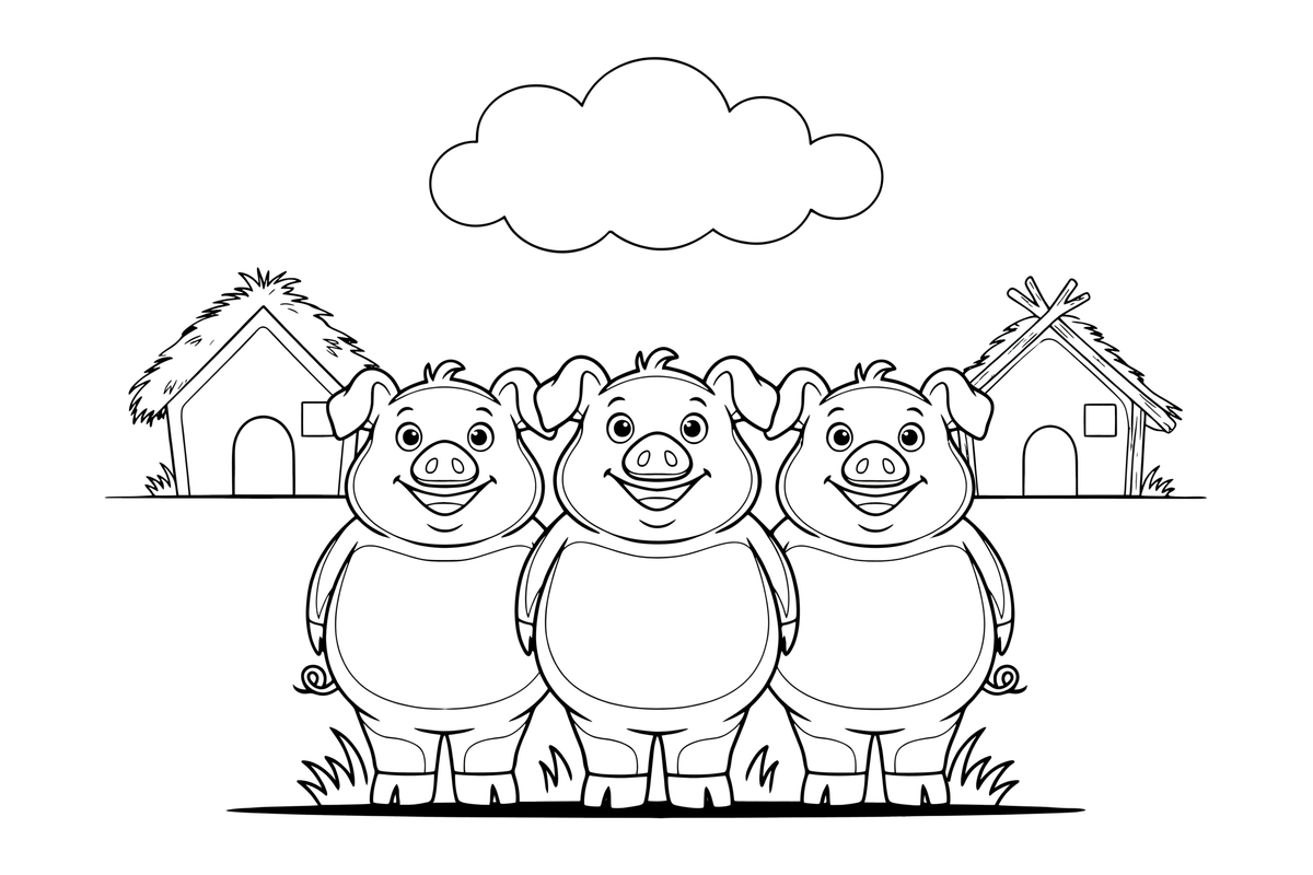 Three happy little pigs standing together – The Three Little Pigs Story coloring page