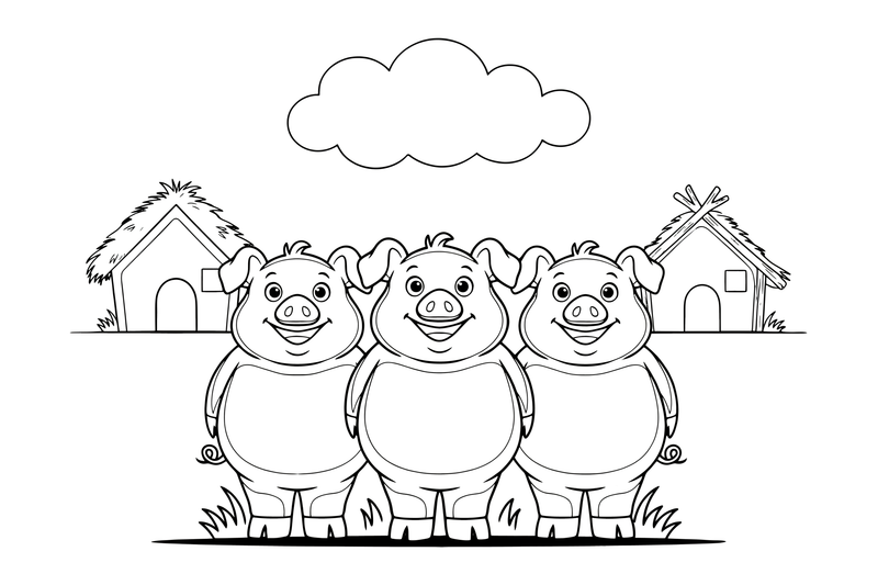 Three happy little pigs standing together – The Three Little Pigs Story coloring page