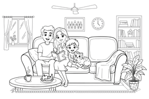 A family cuddling with a cat on the sofa – Happy Family Moments coloring page
