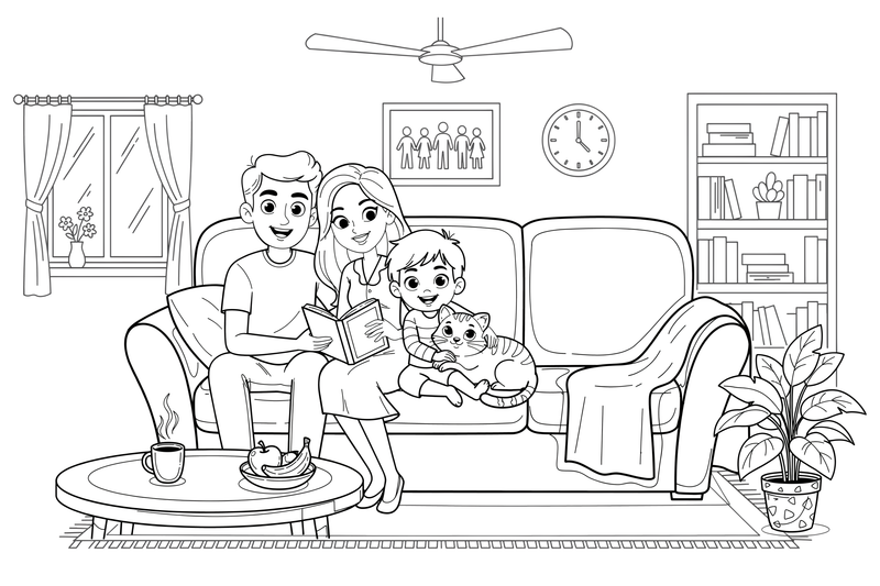 A family cuddling with a cat on the sofa – Happy Family Moments coloring page