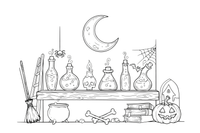 A row of spooky potion bottles with corks and bubbling tops – Spooky Halloween coloring page