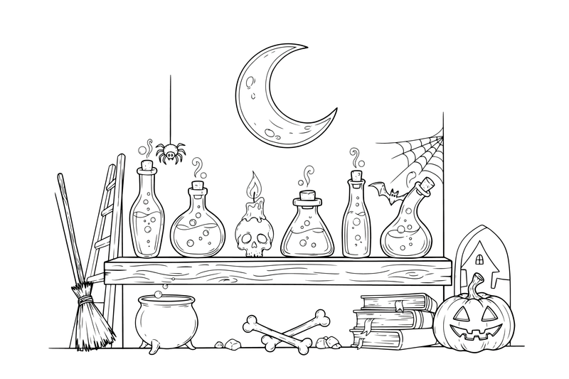 A row of spooky potion bottles with corks and bubbling tops – Spooky Halloween coloring page