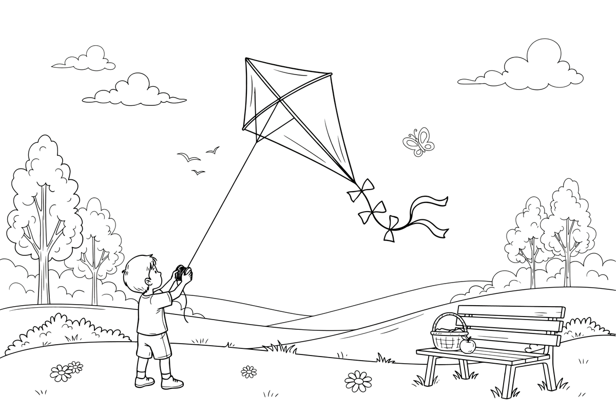 A kite with a long tail soaring in the wind – Kite coloring page