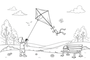 A kite with a long tail soaring in the wind – Kite coloring page