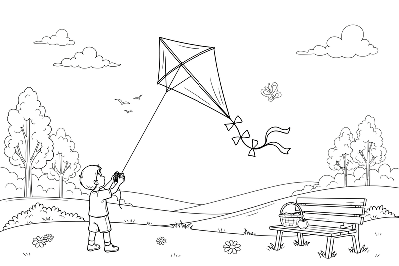 A kite with a long tail soaring in the wind – Kite coloring page