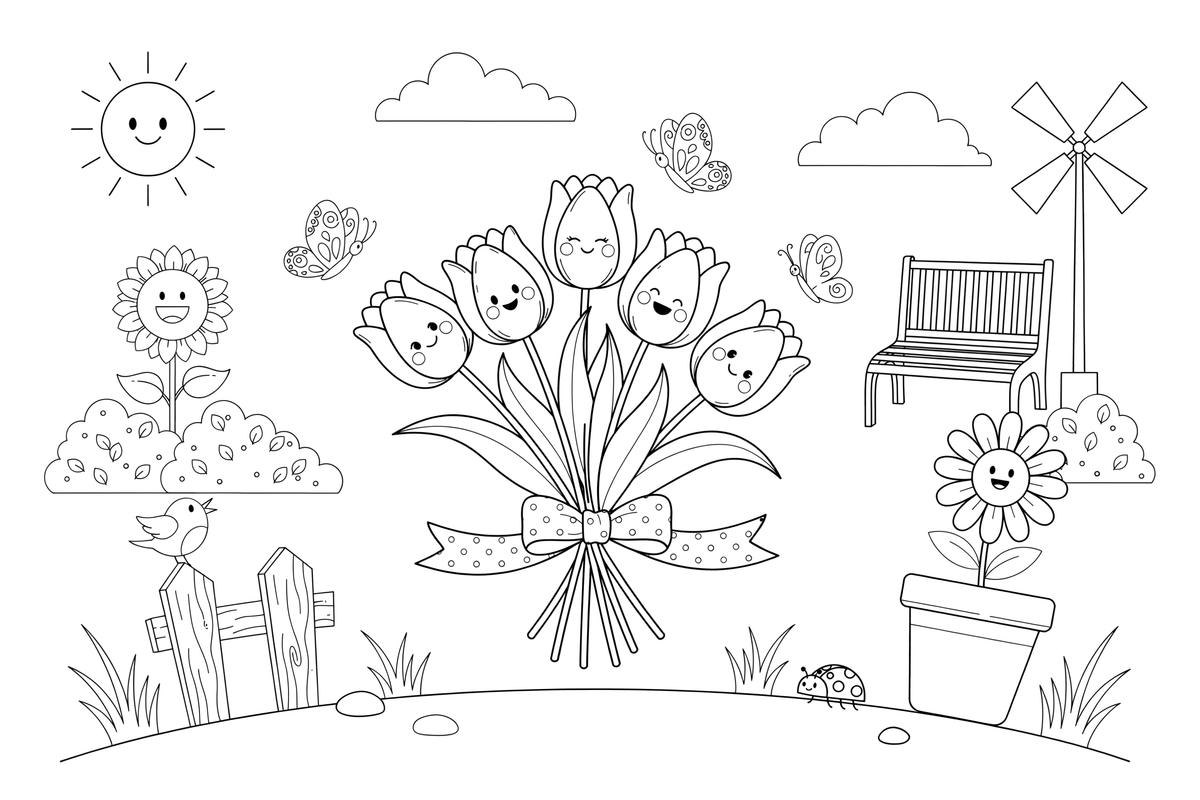 Lavender a bunch of tulips tied with a ribbon – Lavender Flower Array coloring page