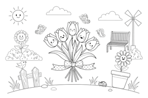 Lavender a bunch of tulips tied with a ribbon – Lavender Flower Array coloring page