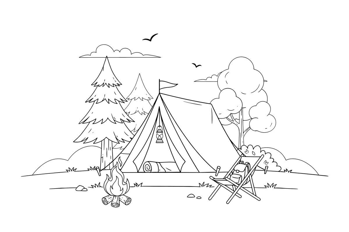A triangle tent pitched in the forest – Essential Camping Gear coloring page