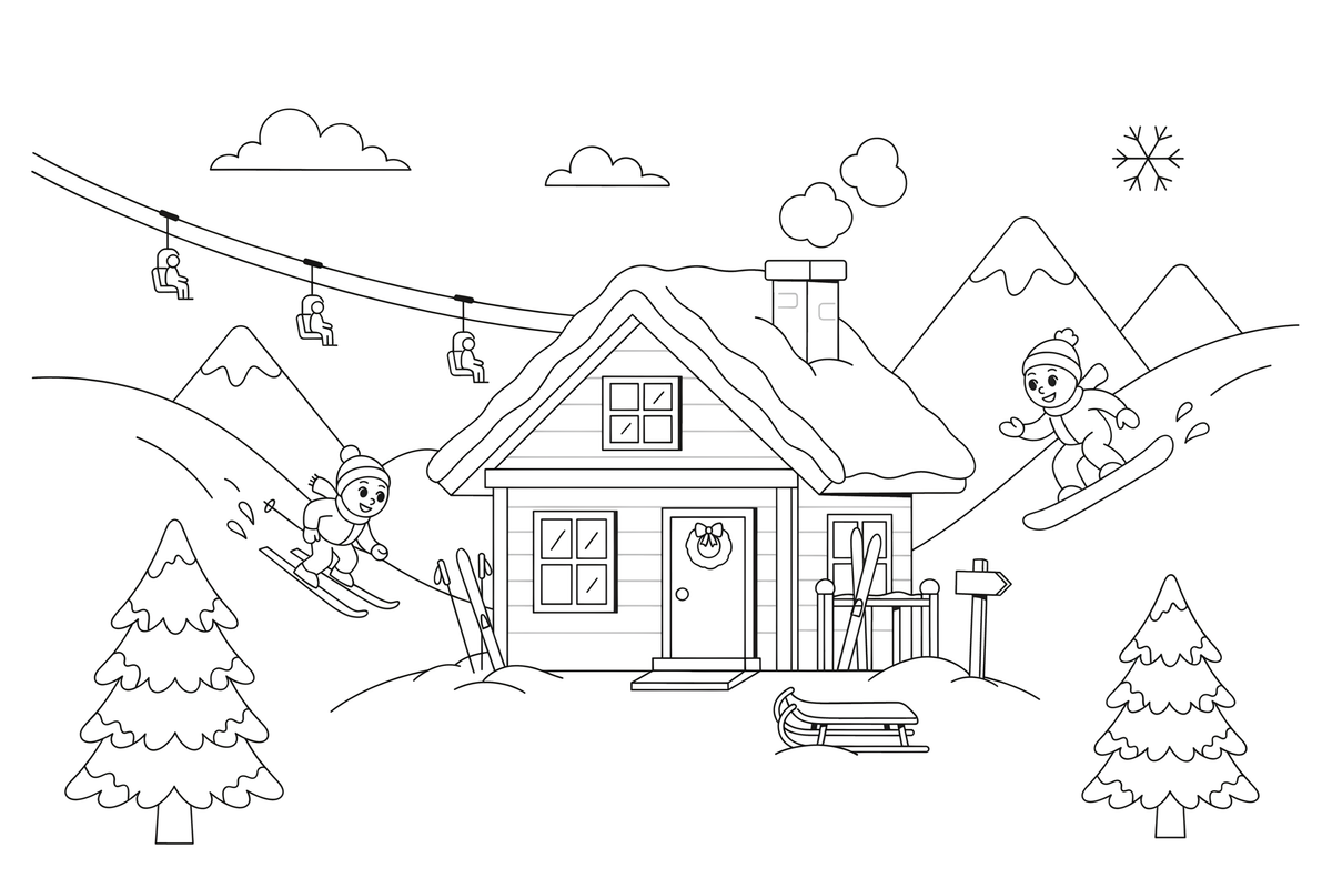 A whole ski resort scene with a slope, skiers, a lift and a cozy lodge – Charming Ski Resort Place coloring page