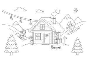 A whole ski resort scene with a slope, skiers, a lift and a cozy lodge – Charming Ski Resort Place coloring page