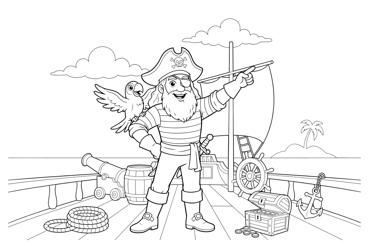 A pirate with a parrot on his shoulder – Adventurous Pirate coloring page