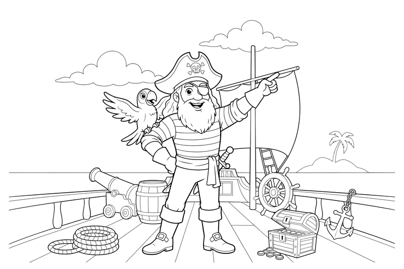 A pirate with a parrot on his shoulder – Adventurous Pirate coloring page