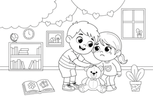 Two children — one happy, one sad — comforting each other – Feelings coloring page