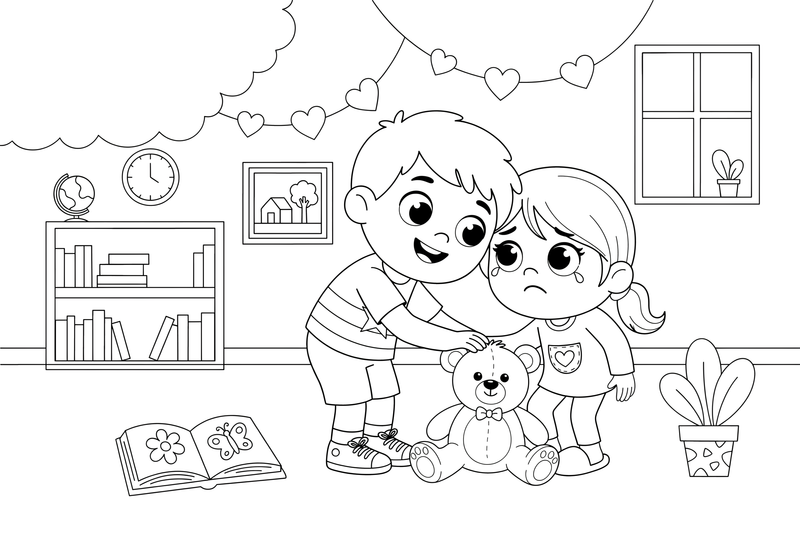 Two children — one happy, one sad — comforting each other – Feelings coloring page
