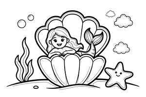 Mermaid resting inside a giant seashell – Mystical Mermaid coloring page