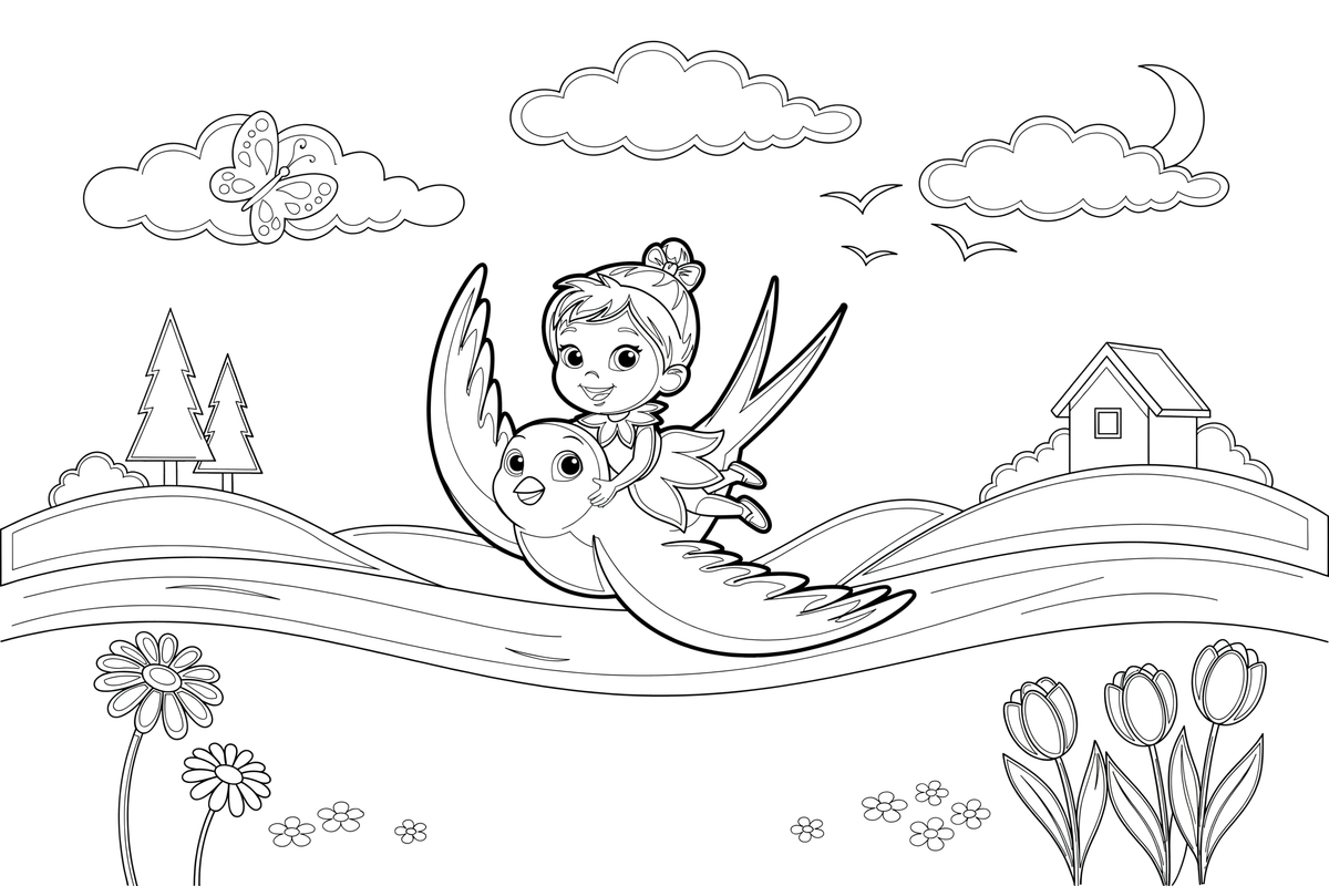 The tiny girl flying through the sky on the back of a swallow – Thumbelina Story coloring page