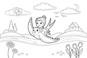 The tiny girl flying through the sky on the back of a swallow – Thumbelina Story coloring page