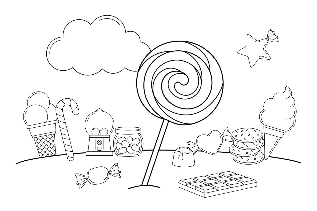 Ne big round lollipop on a stick with a spiral pattern – Candy & Chocolate Sweets coloring page