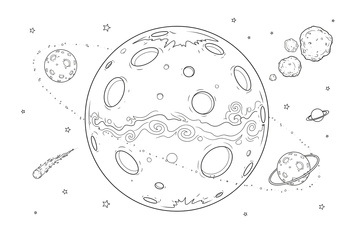A close-up of the mars planet with big simple craters (outlined, empty) – Mars coloring page