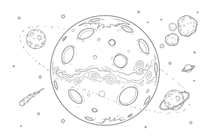 A close-up of the mars planet with big simple craters (outlined, empty) – Mars coloring page
