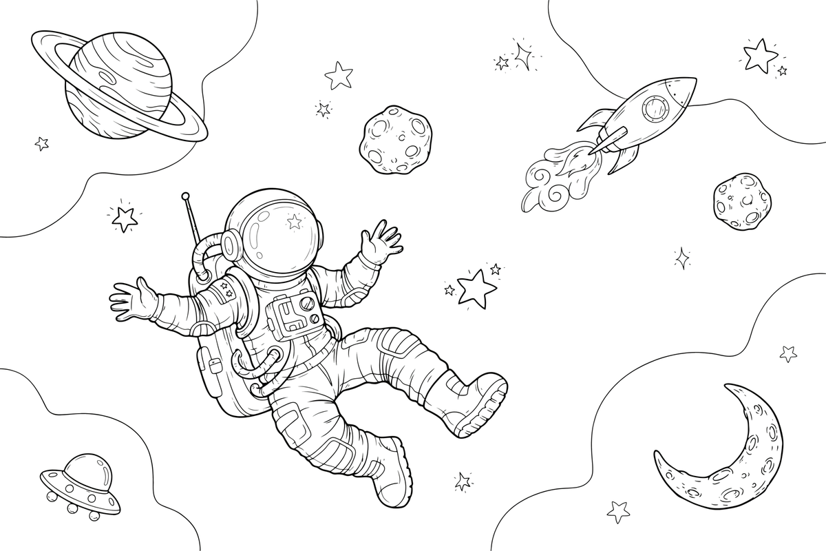 An astronaut floating in space among the stars – Astronaut coloring page