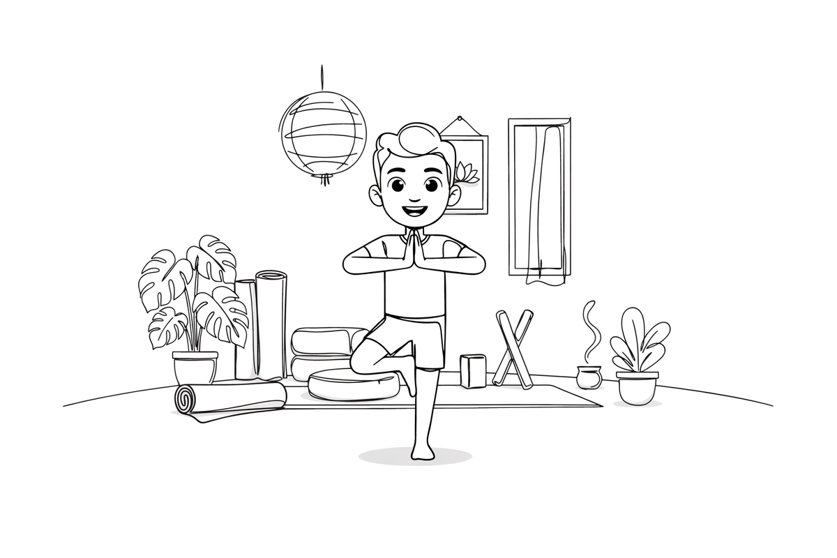 A man in flamingo pose balancing on one leg – Yoga coloring page