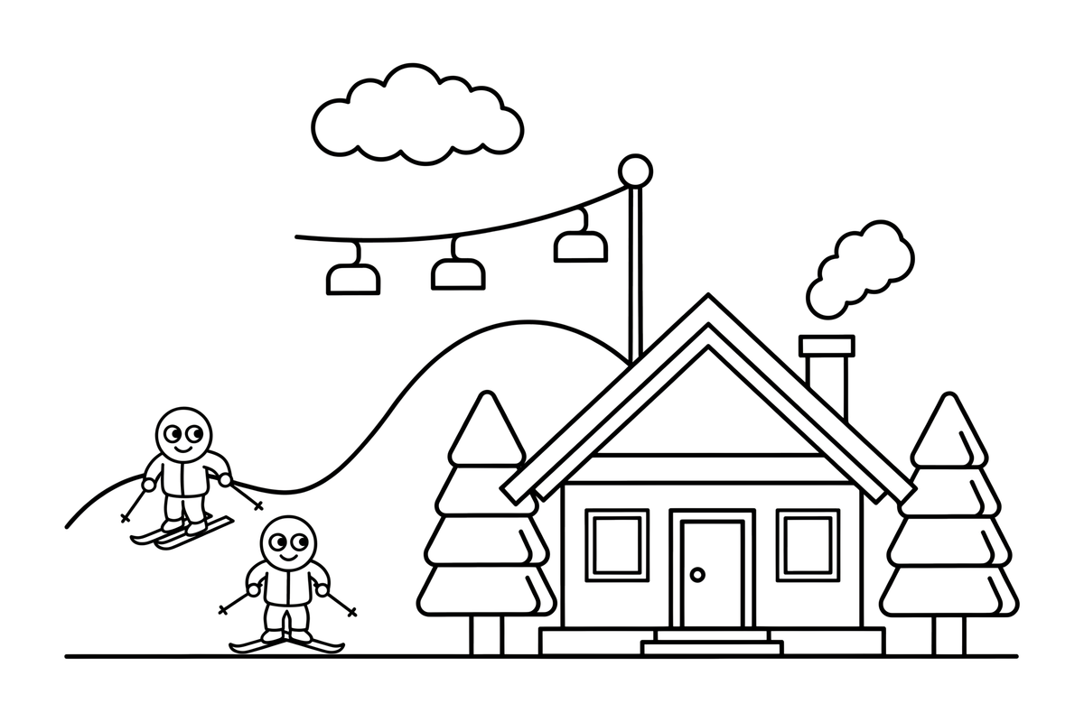 A whole ski resort scene with a slope, skiers, a lift and a cozy lodge – Charming Ski Resort Place coloring page