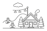 A whole ski resort scene with a slope, skiers, a lift and a cozy lodge – Charming Ski Resort Place coloring page